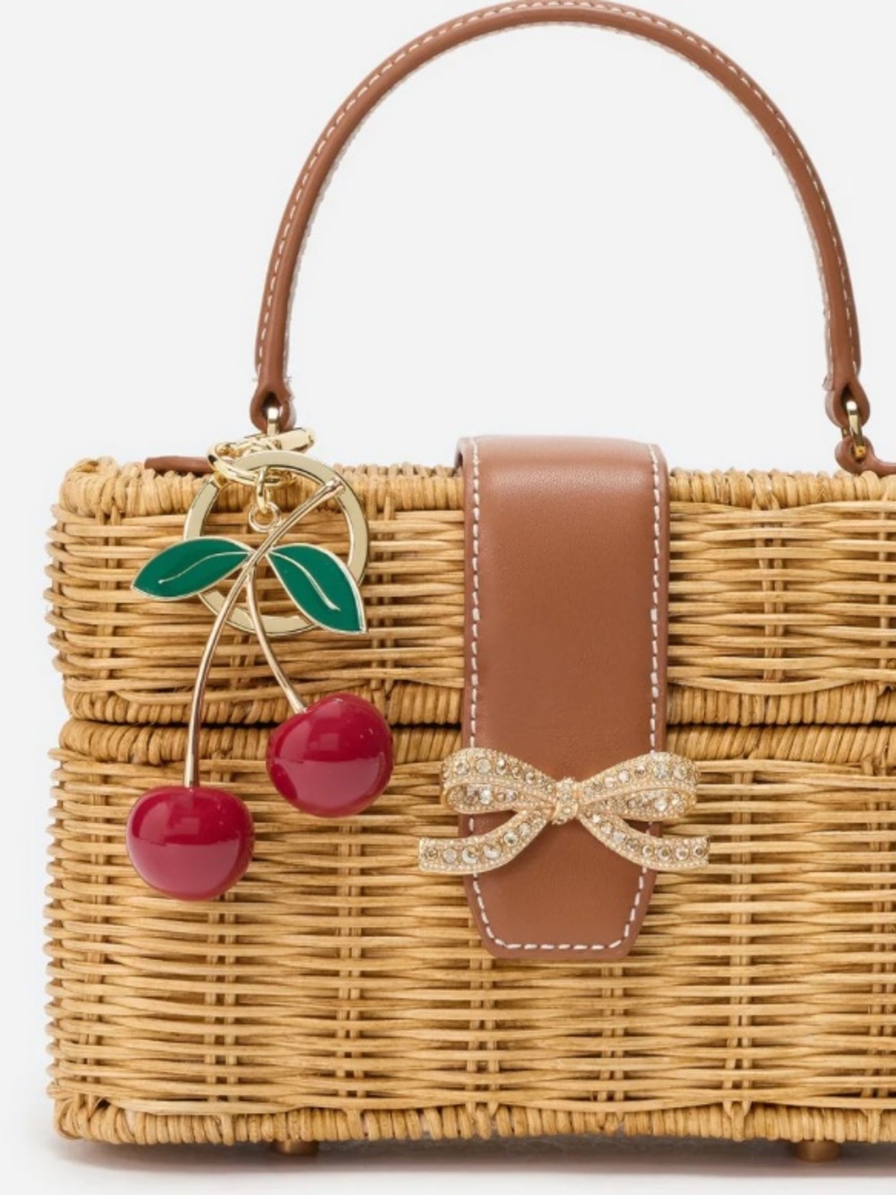 Self-Portrait Tan Rattan Top-Handle Bag with Red Cherry Charm - Picture 2 of 10